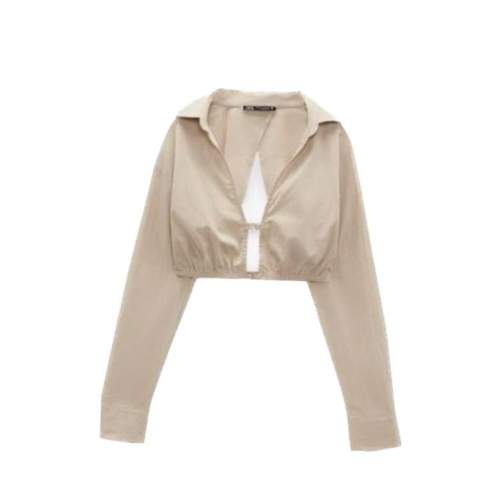 Zara Crop Collared Shirt with cutout back detail In Natural